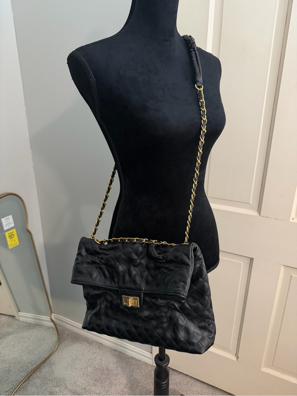 Black Quilted Leather Gold Chain-Shoulder Bag with Gold Hardware, used once.